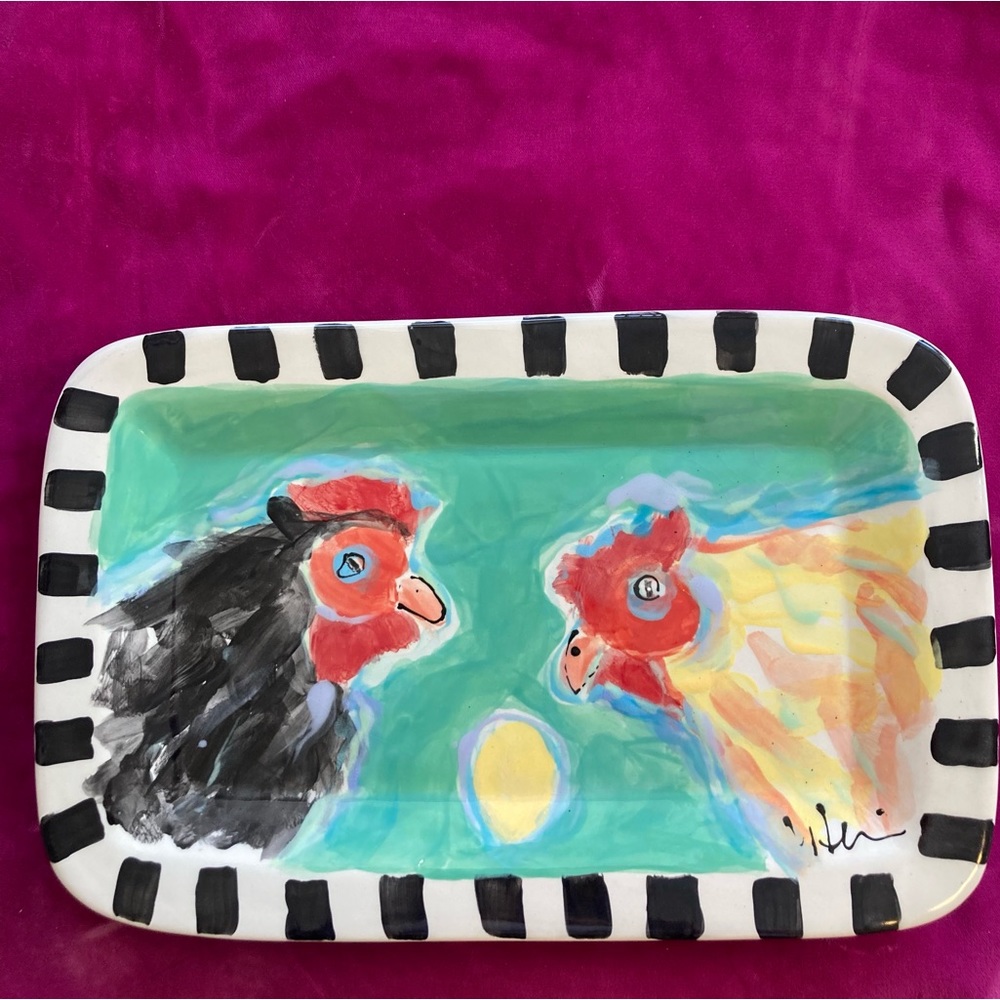 Chickens And Egg Hand Painted Ceramic Rectangular Platter  13”x8”Original